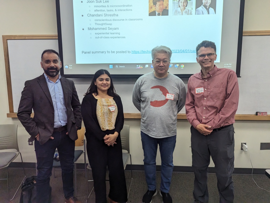 Panelists Mohammed Seyam, Chandani Shreshtha, Joon Suk Lee, and moderator Scott McCrickard